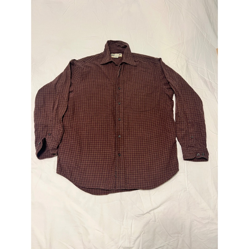 Wilderness Mens Plaid Button Down Shirt Long Sleeve Cotton Burgundy Brown Size M